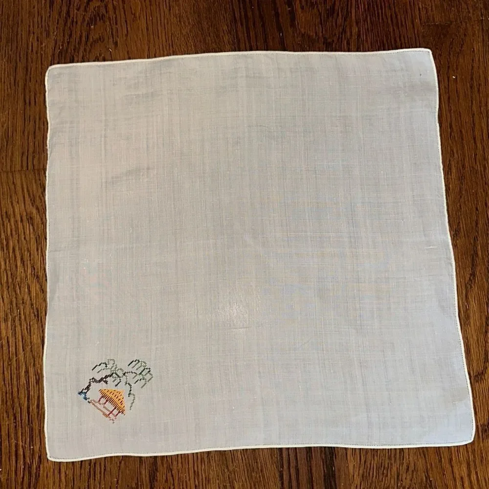 Vintage linen/muslin handkerchief or napkin with embroidered pagoda‎ & tree